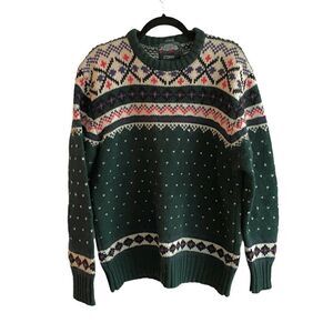 BEAVER CANOE Hand Frame Knit Shetland Wool Crew Neck Long Sleeve Sweater Green L